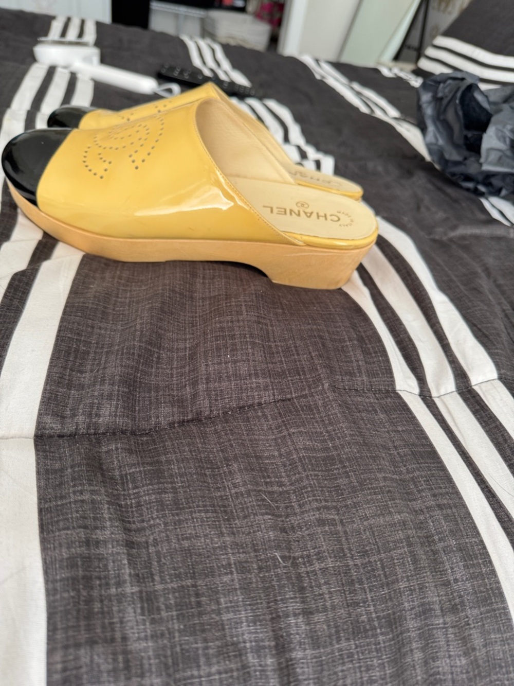 CHANEL Yellow Leather Slide Mules with Black Patent Toe - Picture 2 of 5